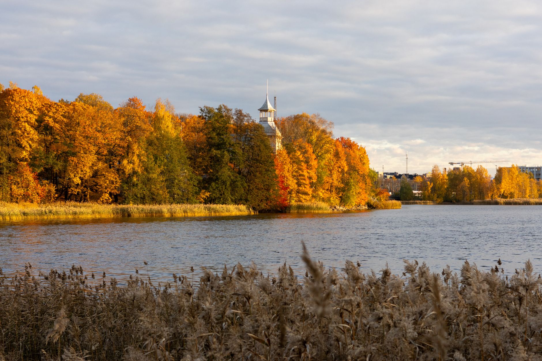 Jesienny krajobraz nad spokojnym jeziorem w Helsinkach, kolorowe drzewa